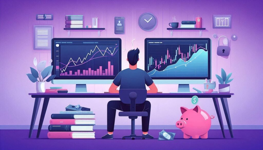 Inversion vs trading. Persona con pantallas viendo gráficos de mercados
